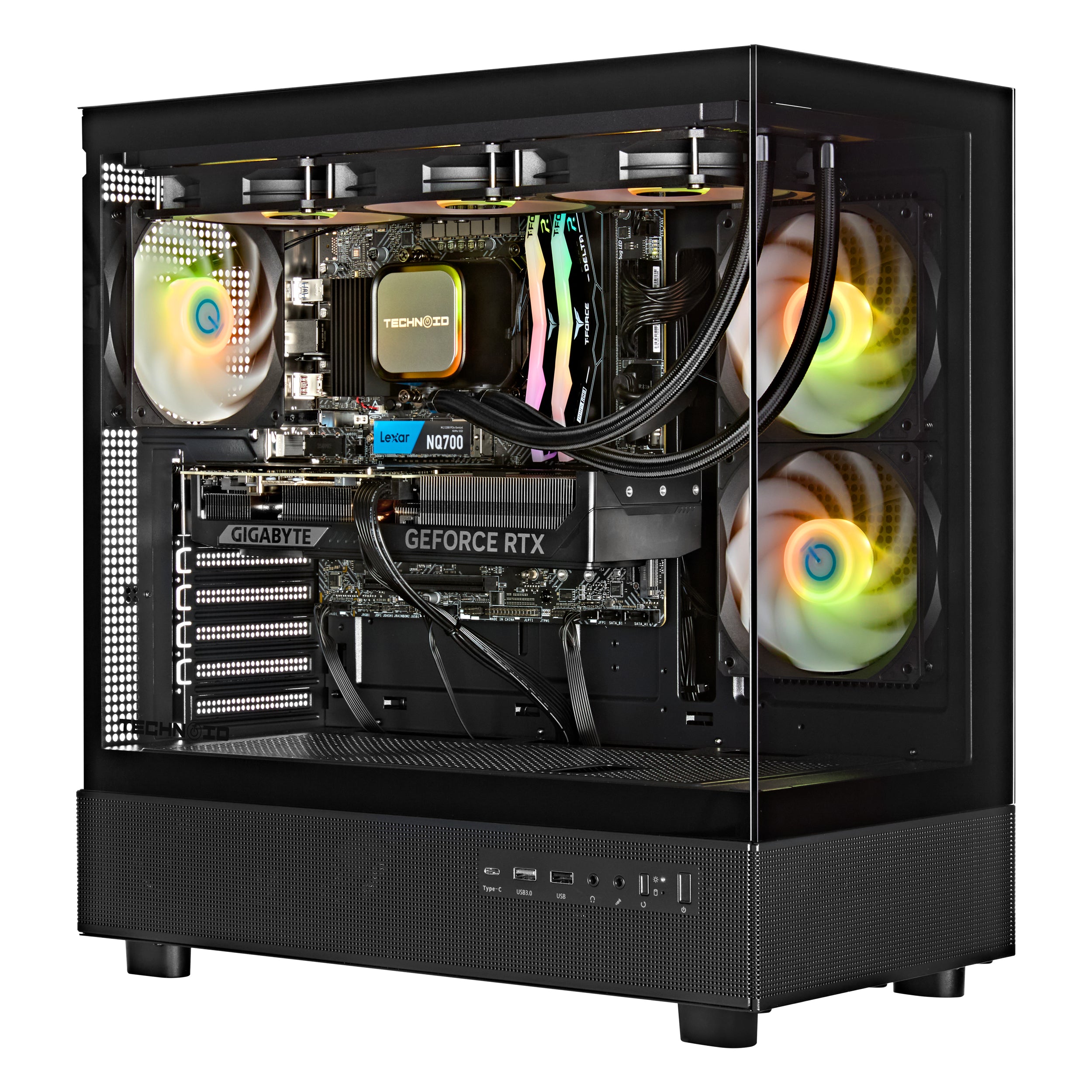 TECHNOID Glass Gaming PC - GeForce RTX 5070 Ti - AMD Ryzen 7 7800X3D - 32GB DDR5 - 2TB SSD - Win 11 PRO - AI Ready - VR Compatible - Wifi Bluetooth - Black