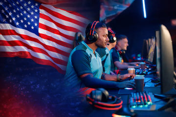 Professional esports players intensely competing in a video game, with a backdrop of the USA flag, representing the rise of competitive gaming in the United States
