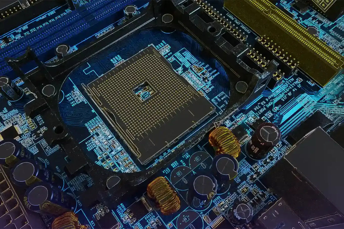Close-up of a gaming motherboard with chipsets