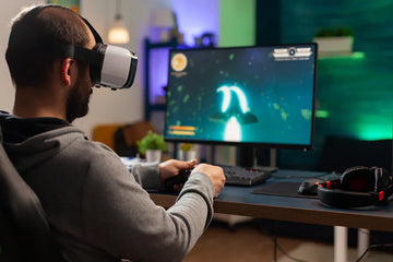 Gamer wearing a VR headset while playing on a VR-ready gaming PC