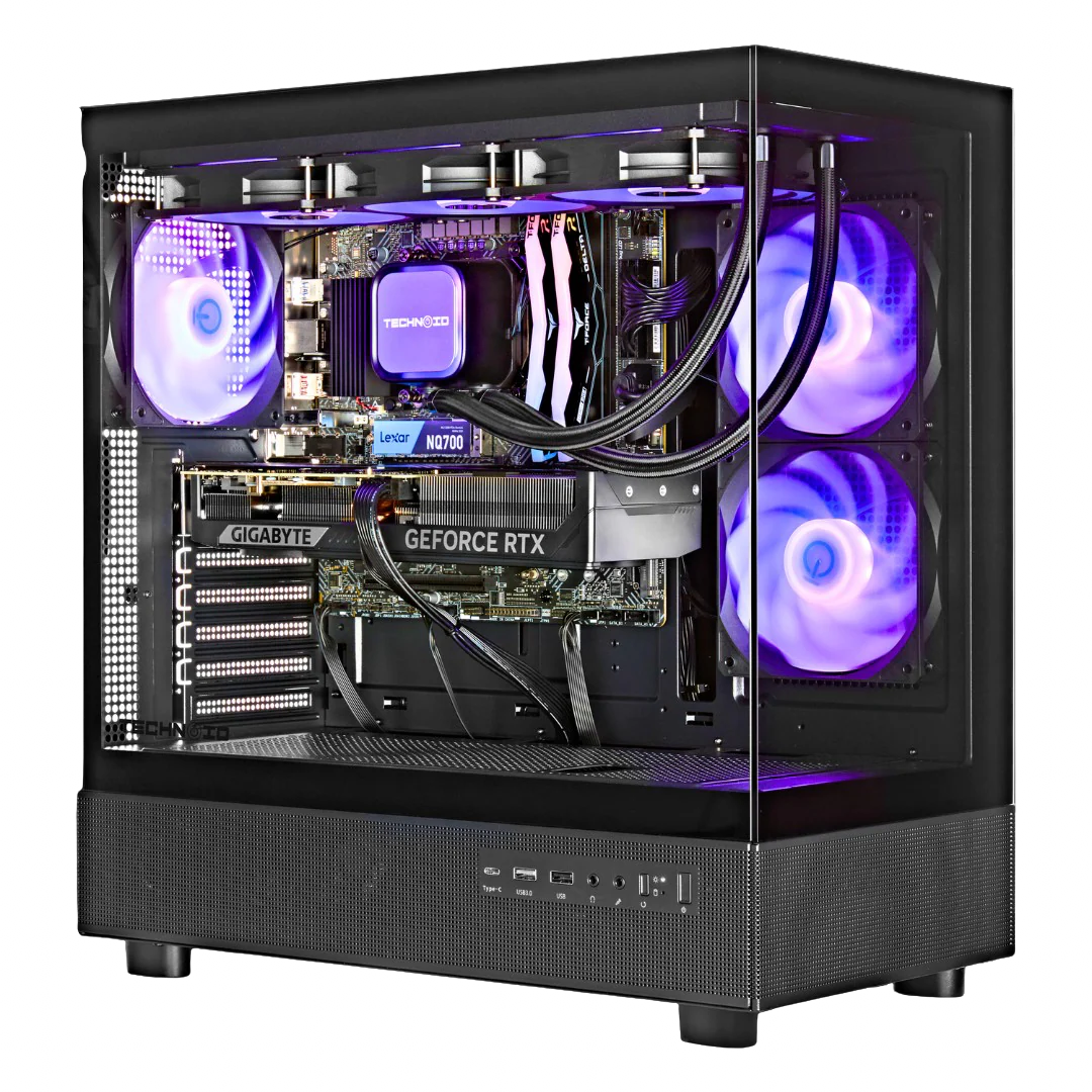 TECHNOID Glass Gaming PC - GeForce RTX 5080 - AMD Ryzen 7 7800X3D - 32GB DDR5 - 2TB SSD - Win 11 PRO - AI Ready - VR Compatible - Wifi Bluetooth - Black