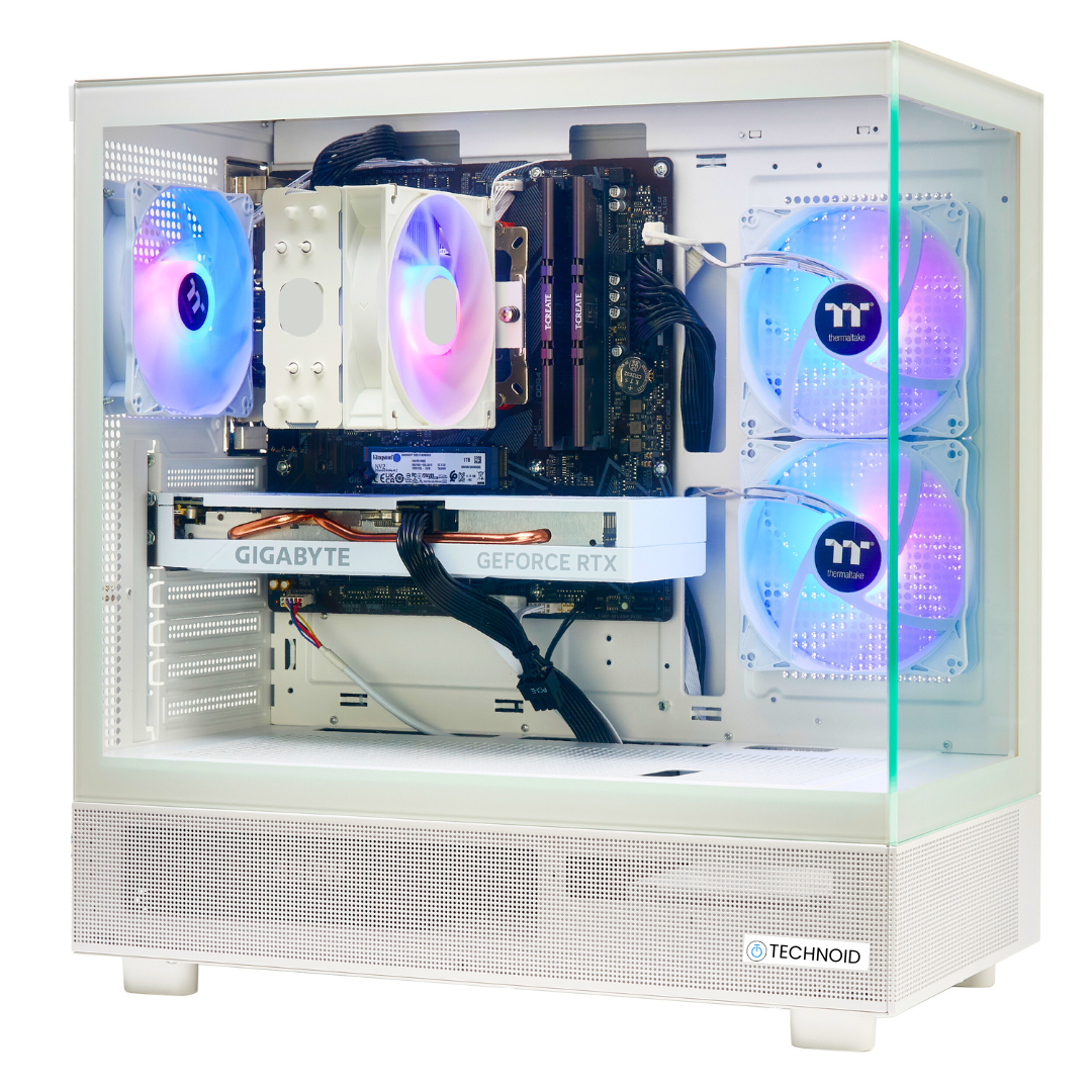 TECHNOID Glass Gaming PC - AMD Radeon RX 9060 XT - AMD Ryzen 5 9600x - 32GB DDR5 - 1TB SSD - Win 11 PRO - AI Ready - VR Compatible - White