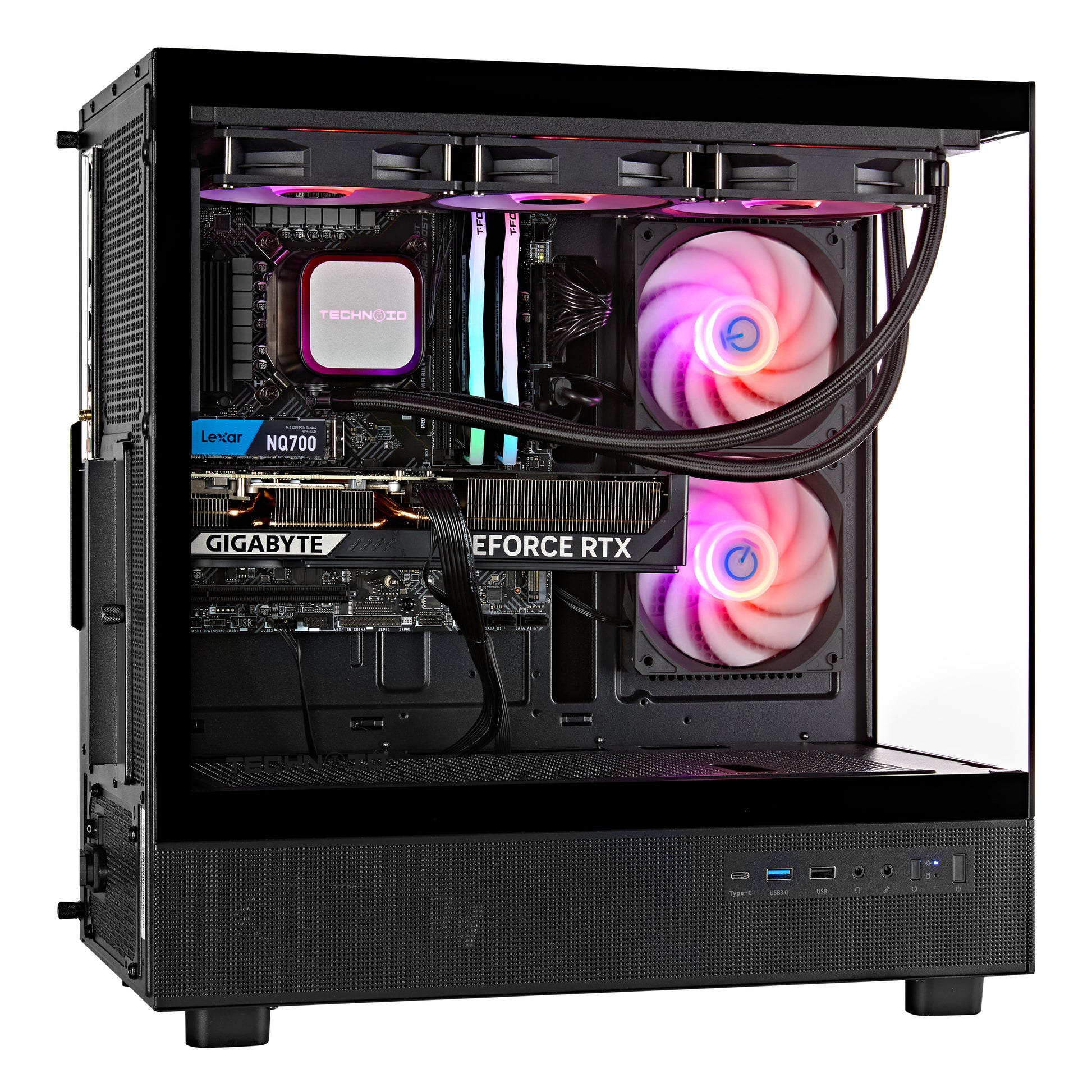TECHNOID Glass Gaming PC - GeForce RTX 5080 - AMD Ryzen 7 7800X3D - 32GB DDR5 - 2TB SSD - Win 11 PRO - AI Ready - VR Compatible - Wifi Bluetooth - Black