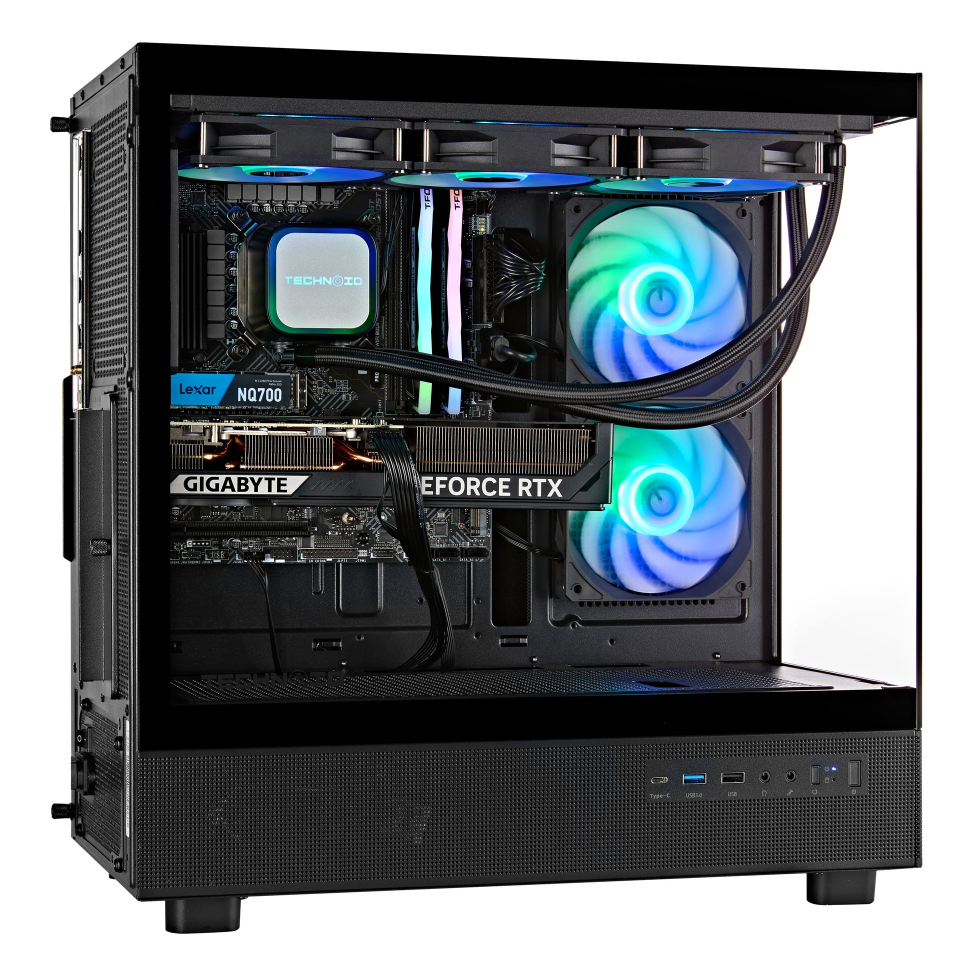 TECHNOID Glass Gaming PC - GeForce RTX 5080 - AMD Ryzen 7 7800X3D - 32GB DDR5 - 2TB SSD - Win 11 PRO - AI Ready - VR Compatible - Wifi Bluetooth - Black