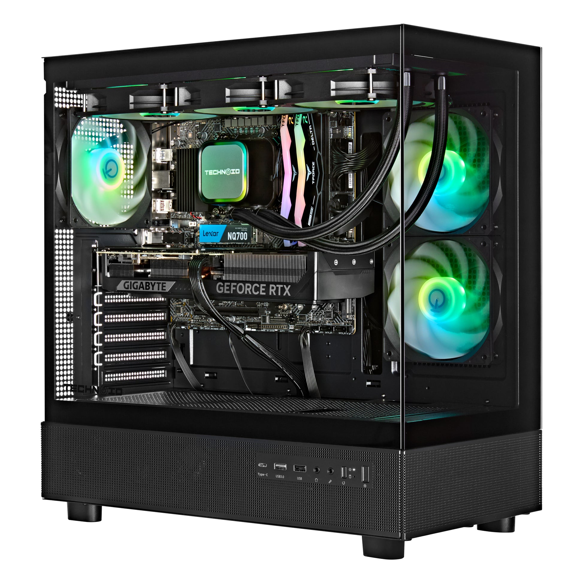 TECHNOID Glass Gaming PC - GeForce RTX 5080 - AMD Ryzen 7 7800X3D - 32GB DDR5 - 2TB SSD - Win 11 PRO - AI Ready - VR Compatible - Wifi Bluetooth - Black